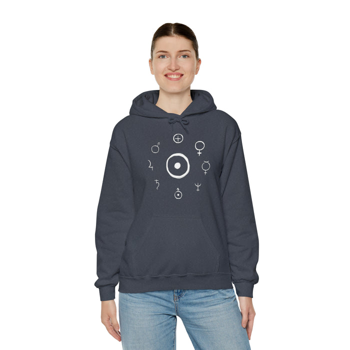 Unisex Heavy Blend™ Hooded Sweatshirt - Celestial Harmony Hoodie: Astronomical Symbols in Cosmic Alchemy