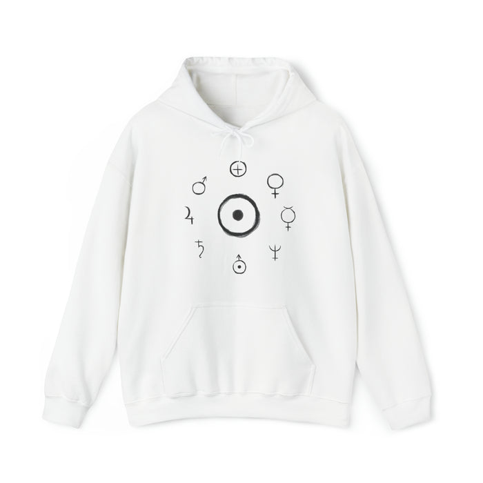 Unisex Heavy Blend™ Hooded Sweatshirt - Celestial Harmony Hoodie: Astronomical Symbols in Cosmic Alchemy