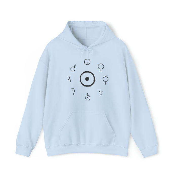 Unisex Heavy Blend™ Hooded Sweatshirt - Celestial Harmony Hoodie: Astronomical Symbols in Cosmic Alchemy