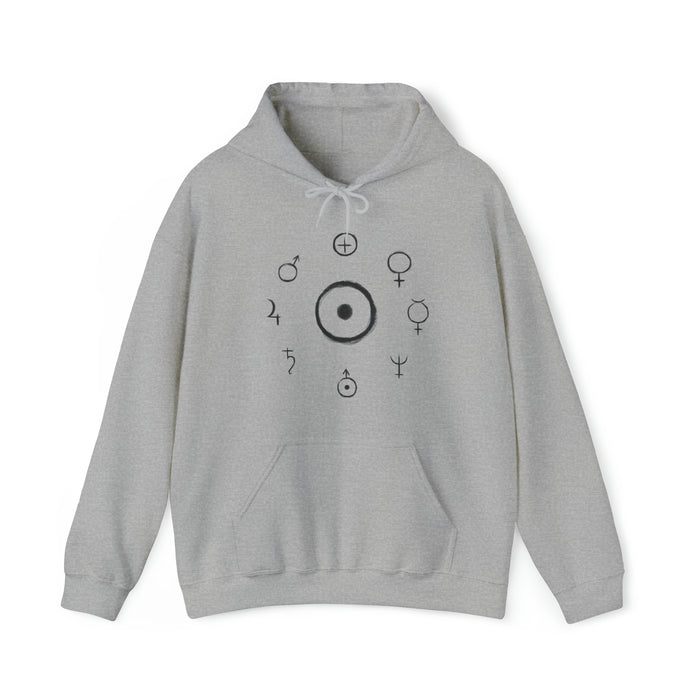 Unisex Heavy Blend™ Hooded Sweatshirt - Celestial Harmony Hoodie: Astronomical Symbols in Cosmic Alchemy