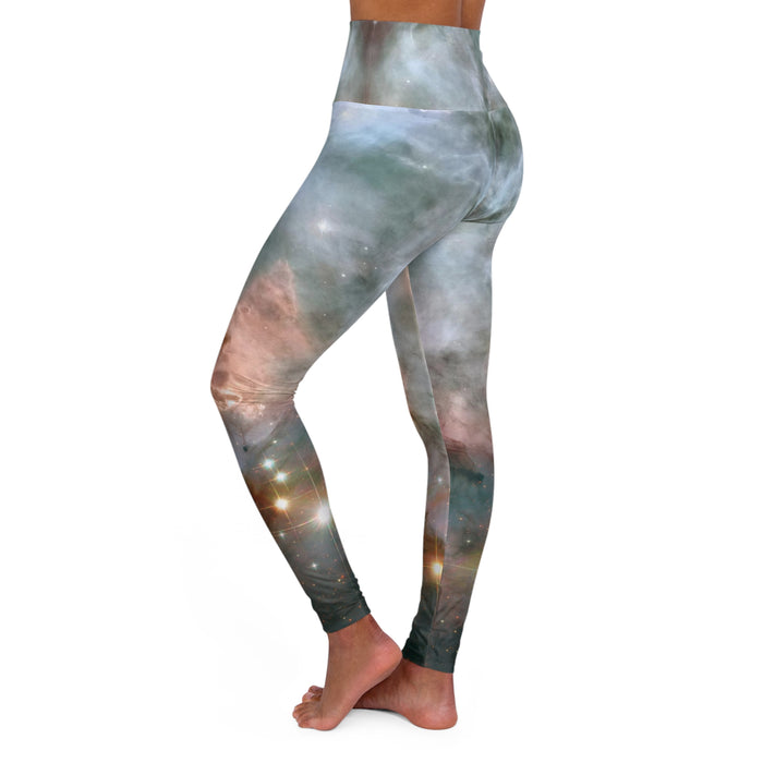 High Waisted Yoga Leggings (AOP) - Galactic Radiance: Carina Nebula's Colossal Star Duo