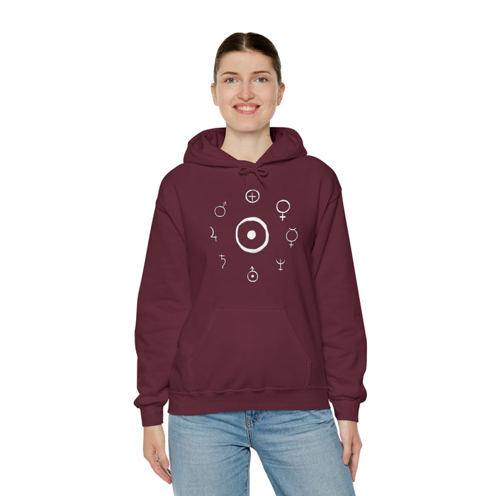 Unisex Heavy Blend™ Hooded Sweatshirt - Celestial Harmony Hoodie: Astronomical Symbols in Cosmic Alchemy