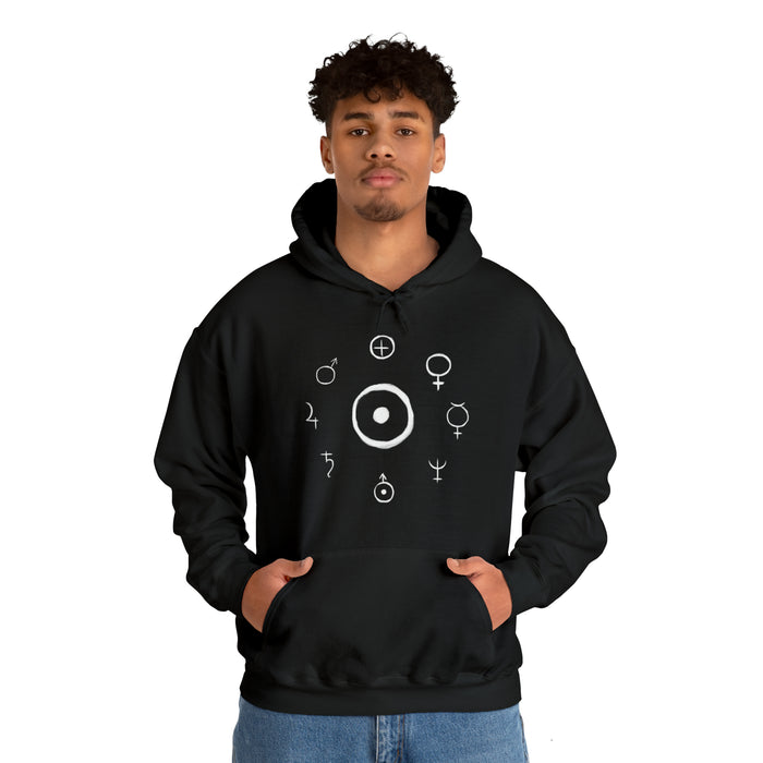 Unisex Heavy Blend™ Hooded Sweatshirt - Celestial Harmony Hoodie: Astronomical Symbols in Cosmic Alchemy