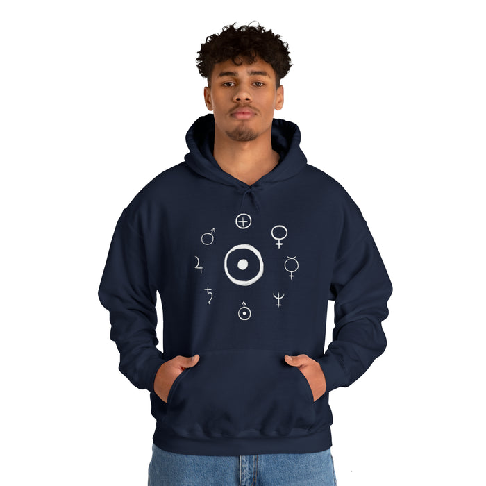 Unisex Heavy Blend™ Hooded Sweatshirt - Celestial Harmony Hoodie: Astronomical Symbols in Cosmic Alchemy