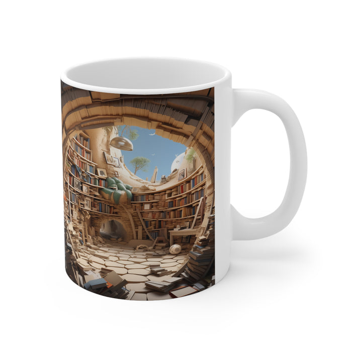 Ceramic Mug 11oz - Sky-Cave Oasis: 3D Bookshelves Sublimation Mug