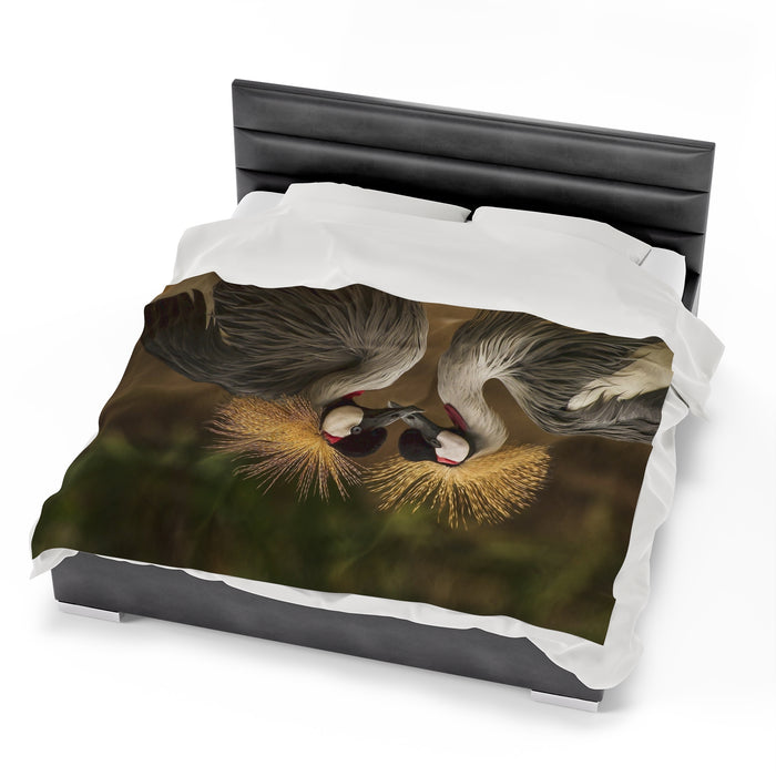 Velveteen Plush Blanket - Serenade of Love: Graceful Grey Crowned Cranes