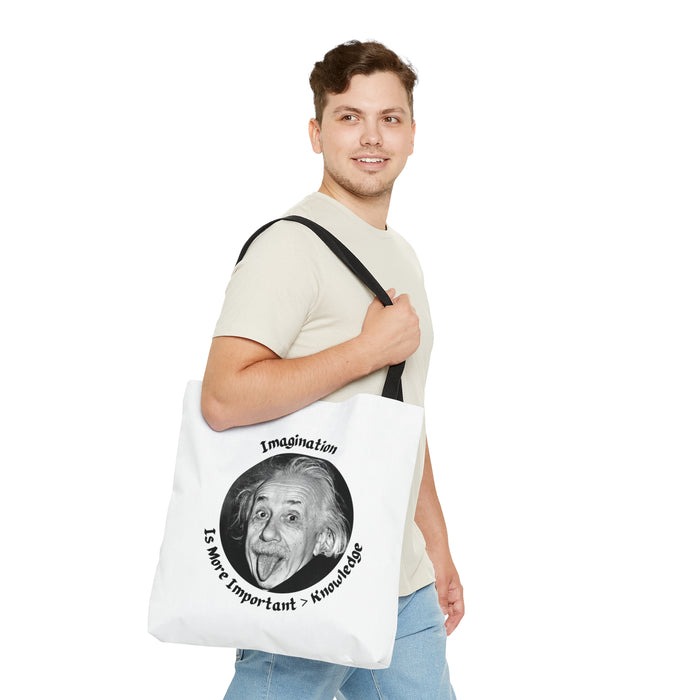 Tote Bag (AOP) -  Einstein: "Imagination is More Important than Knowldge"