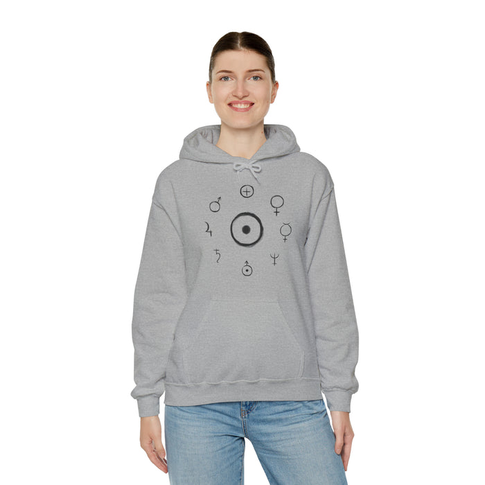 Unisex Heavy Blend™ Hooded Sweatshirt - Celestial Harmony Hoodie: Astronomical Symbols in Cosmic Alchemy