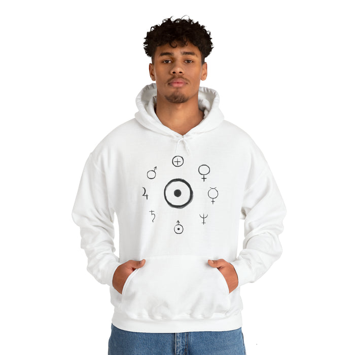 Unisex Heavy Blend™ Hooded Sweatshirt - Celestial Harmony Hoodie: Astronomical Symbols in Cosmic Alchemy