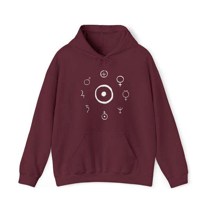 Unisex Heavy Blend™ Hooded Sweatshirt - Celestial Harmony Hoodie: Astronomical Symbols in Cosmic Alchemy