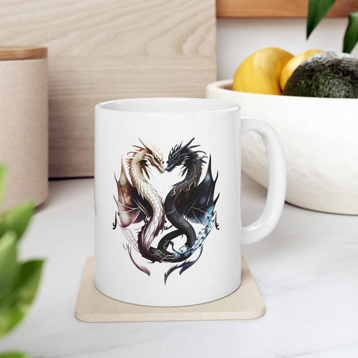 Ceramic Mug 11oz - Harmony in Duality: Embrace the Dance of Yin and Yang Dragons!