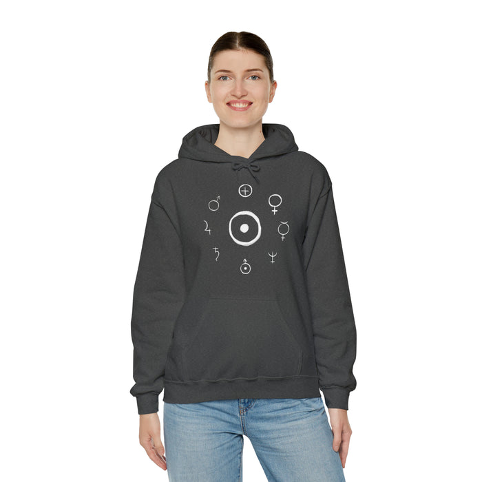 Unisex Heavy Blend™ Hooded Sweatshirt - Celestial Harmony Hoodie: Astronomical Symbols in Cosmic Alchemy