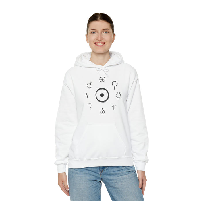 Unisex Heavy Blend™ Hooded Sweatshirt - Celestial Harmony Hoodie: Astronomical Symbols in Cosmic Alchemy