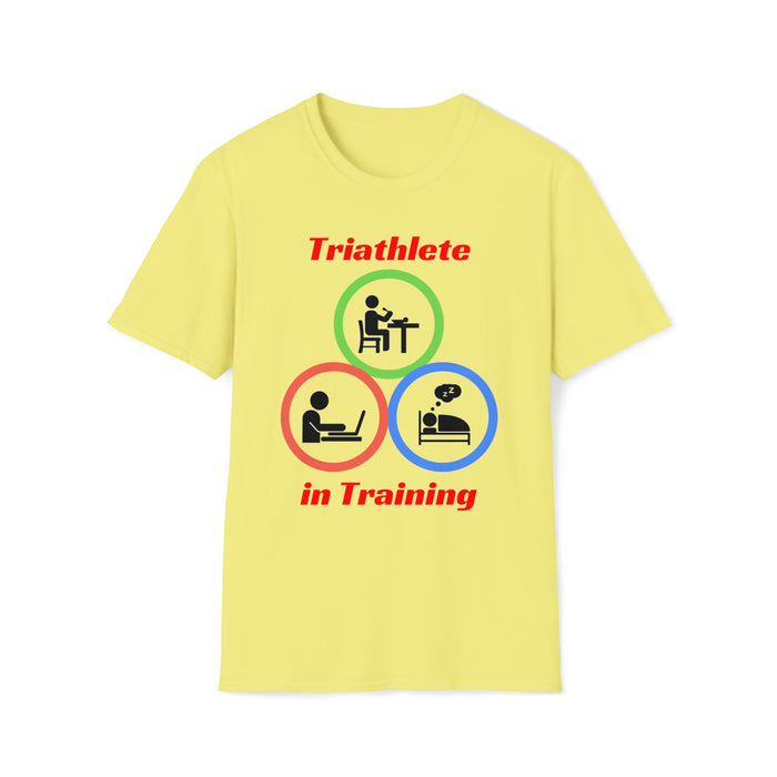 Unisex Softstyle T-Shirt - "Triathlete in Training": Study/Work - Eat - Sleep