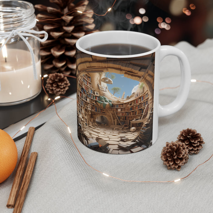 Ceramic Mug 11oz - Sky-Cave Oasis: 3D Bookshelves Sublimation Mug