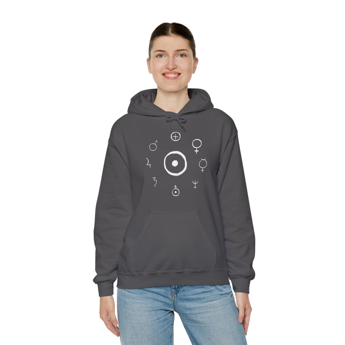 Unisex Heavy Blend™ Hooded Sweatshirt - Celestial Harmony Hoodie: Astronomical Symbols in Cosmic Alchemy