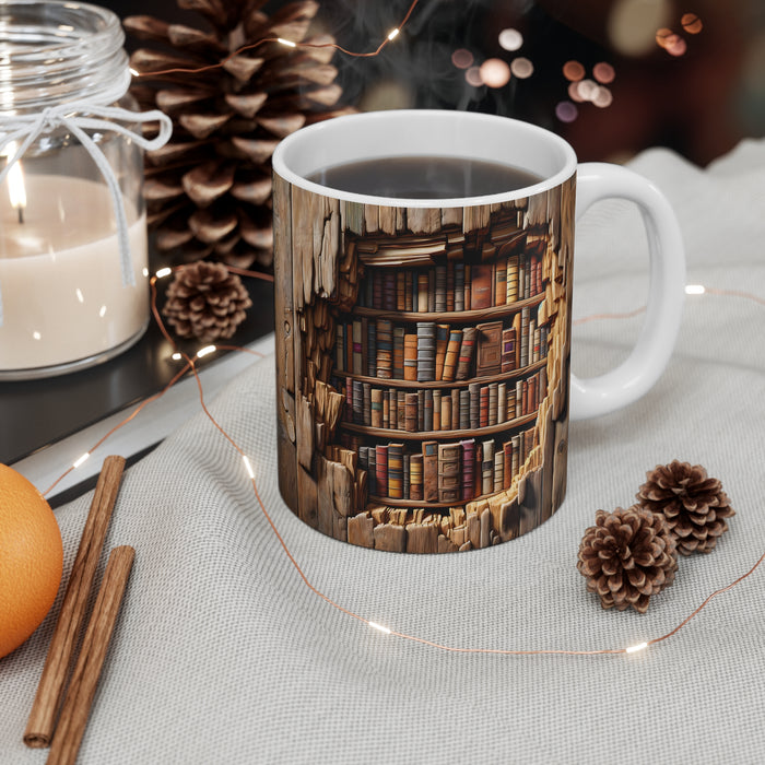 Ceramic Mug 11oz: Premium 3D Cracked Hole Bookshelf Sublimation Design