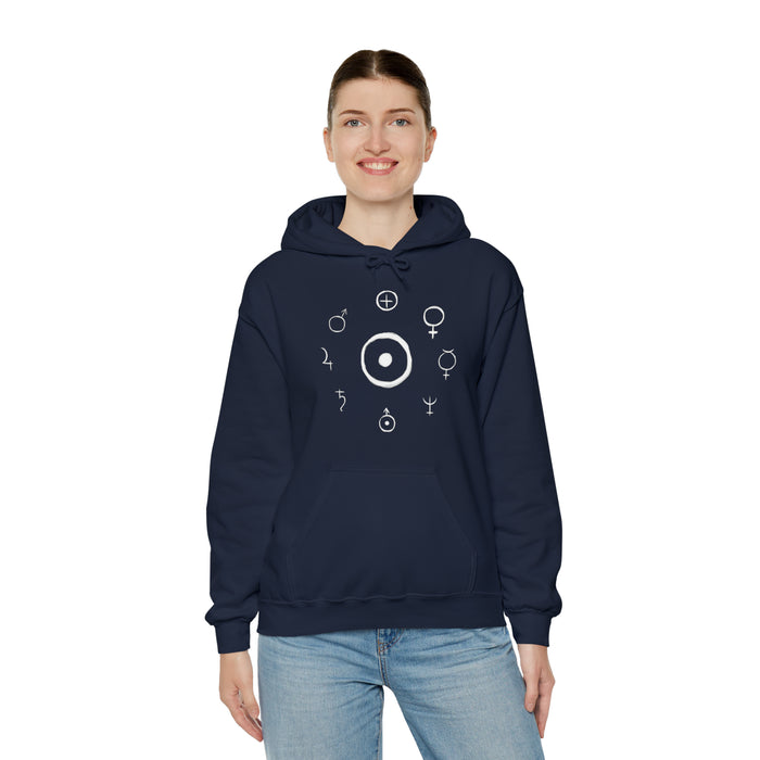 Unisex Heavy Blend™ Hooded Sweatshirt - Celestial Harmony Hoodie: Astronomical Symbols in Cosmic Alchemy