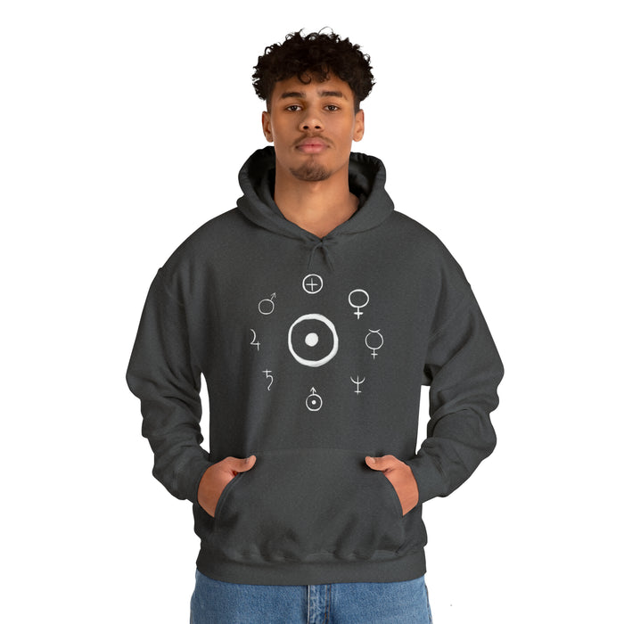 Unisex Heavy Blend™ Hooded Sweatshirt - Celestial Harmony Hoodie: Astronomical Symbols in Cosmic Alchemy