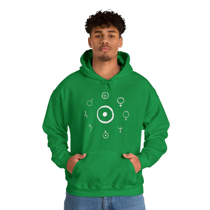 Unisex Heavy Blend™ Hooded Sweatshirt - Celestial Harmony Hoodie: Astronomical Symbols in Cosmic Alchemy