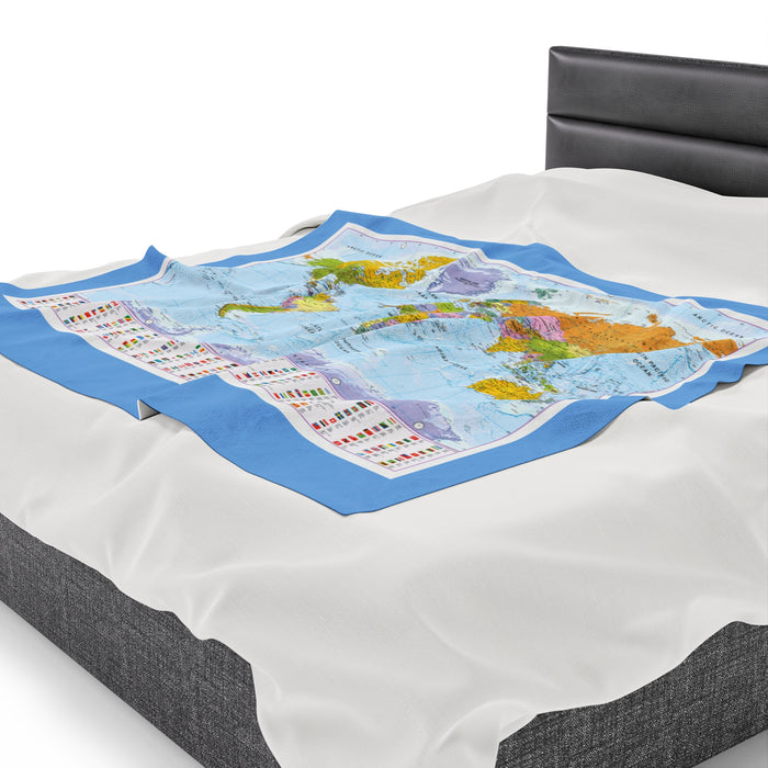 Velveteen Plush Blanket - Oceanic Wanderlust: Blue World Map