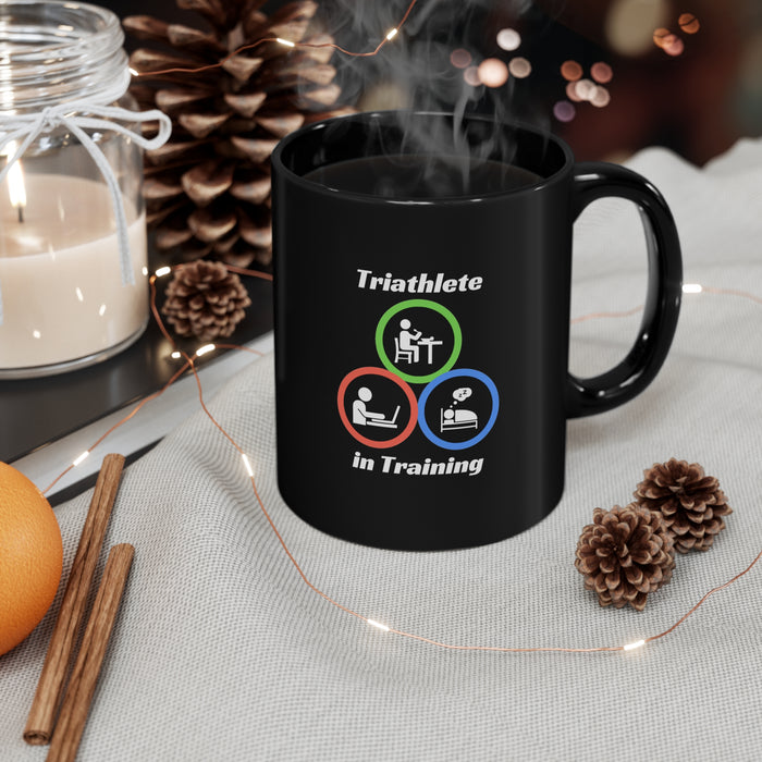 11oz Black Mug - "Triathlete in Training": Study/Work - Eat - Sleep