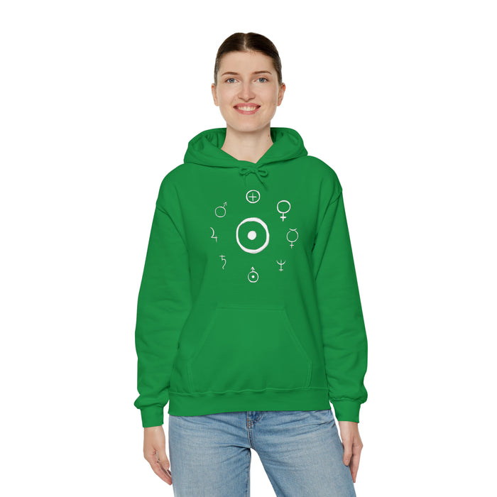 Unisex Heavy Blend™ Hooded Sweatshirt - Celestial Harmony Hoodie: Astronomical Symbols in Cosmic Alchemy