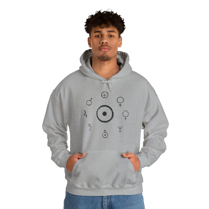 Unisex Heavy Blend™ Hooded Sweatshirt - Celestial Harmony Hoodie: Astronomical Symbols in Cosmic Alchemy