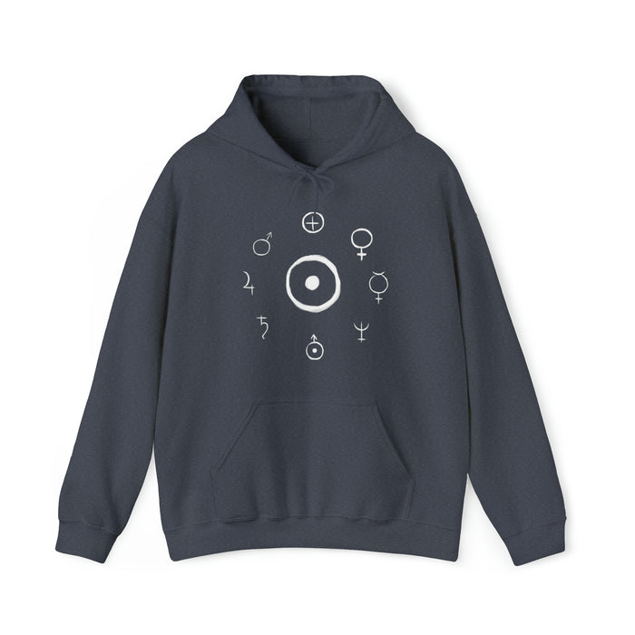 Unisex Heavy Blend™ Hooded Sweatshirt - Celestial Harmony Hoodie: Astronomical Symbols in Cosmic Alchemy