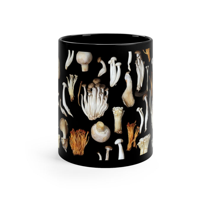 11oz Black Mug - Nature's Bounty: Artistic Black Ceramic Elegance with Edible Mushrooms