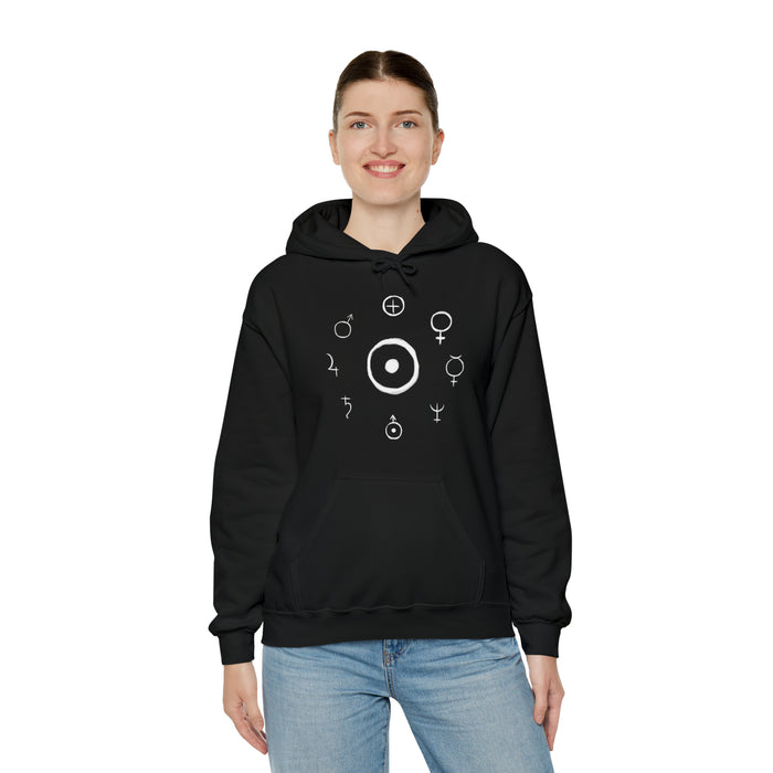 Unisex Heavy Blend™ Hooded Sweatshirt - Celestial Harmony Hoodie: Astronomical Symbols in Cosmic Alchemy