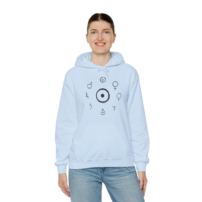 Unisex Heavy Blend™ Hooded Sweatshirt - Celestial Harmony Hoodie: Astronomical Symbols in Cosmic Alchemy