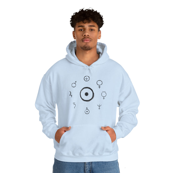 Unisex Heavy Blend™ Hooded Sweatshirt - Celestial Harmony Hoodie: Astronomical Symbols in Cosmic Alchemy