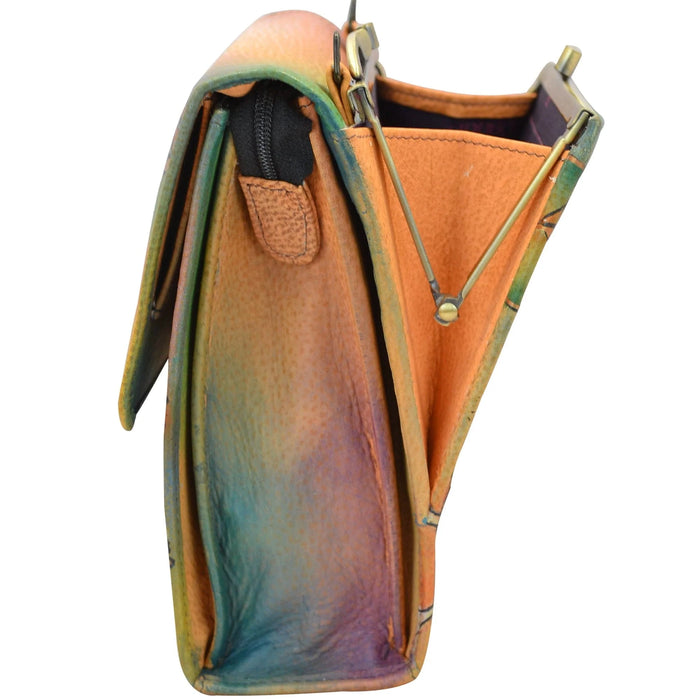 Anuschka Premium Leather Triple Compartment Crossbody Organizer / Purse / Handbag - Peacock Safari