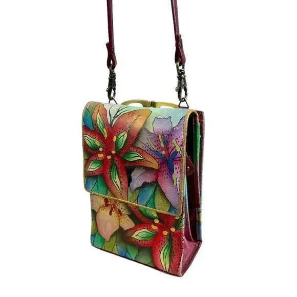 Anuschka Premium Leather Triple Compartment Crossbody Organizer / Purse / Handbag - Luscious Lilies