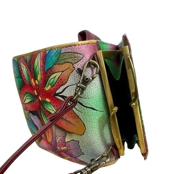 Anuschka Premium Leather Triple Compartment Crossbody Organizer / Purse / Handbag - Luscious Lilies