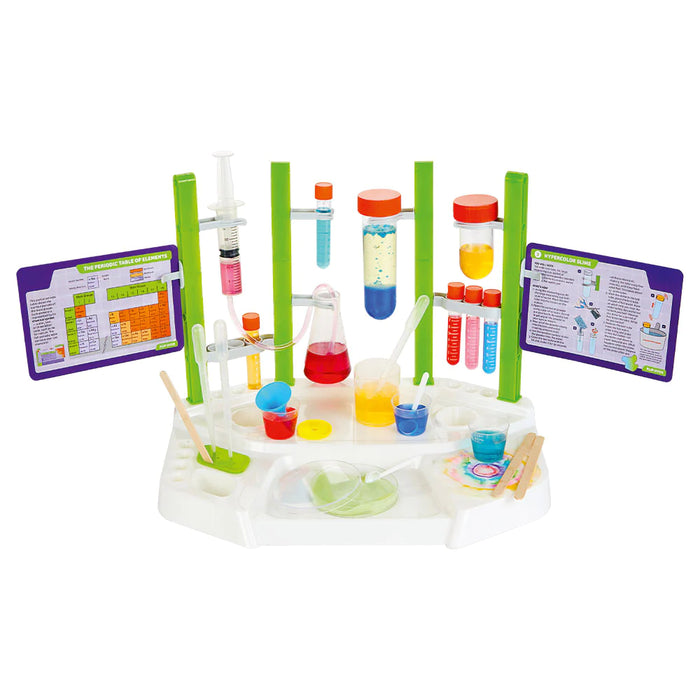 chemistry station chemistry set contents: material holder, mini tubes, mini erlemeyer flask, mixing spoons, mixing cups, connecting tube, periodic table and instructions. 
