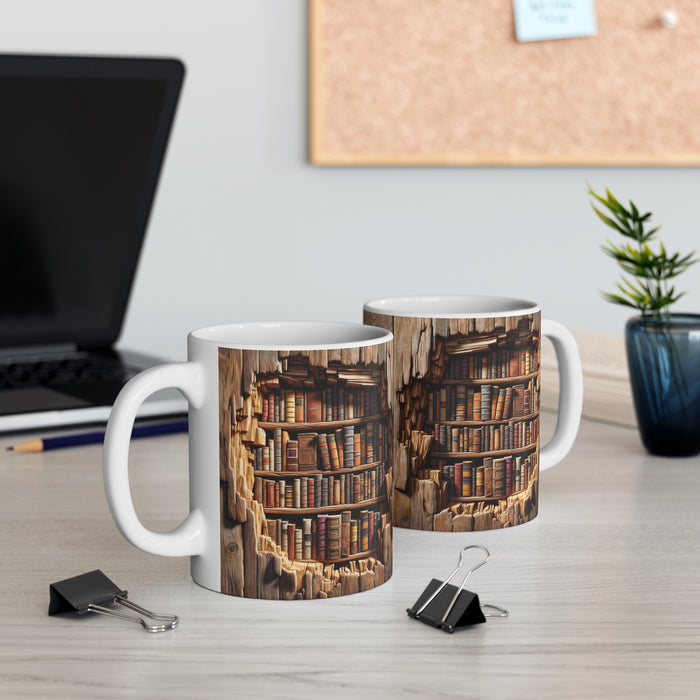 Ceramic Mug 11oz: Premium 3D Cracked Hole Bookshelf Sublimation Design