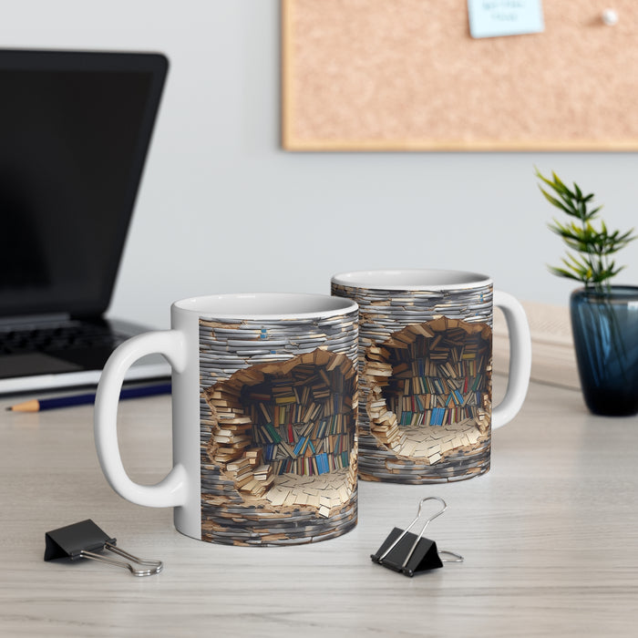 Mug showcasing intricate bookshelf artwork