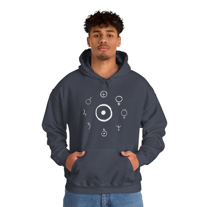 Unisex Heavy Blend™ Hooded Sweatshirt - Celestial Harmony Hoodie: Astronomical Symbols in Cosmic Alchemy