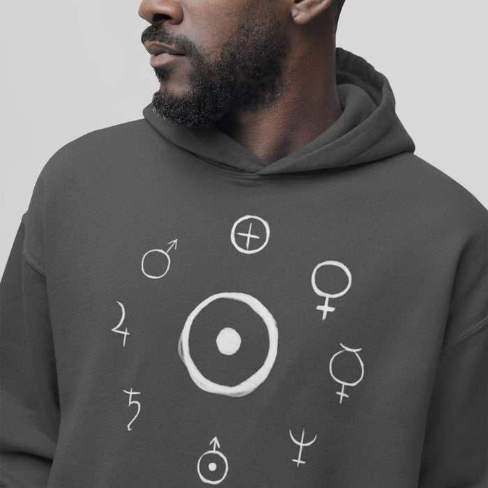 Unisex Heavy Blend™ Hooded Sweatshirt - Celestial Harmony Hoodie: Astronomical Symbols in Cosmic Alchemy