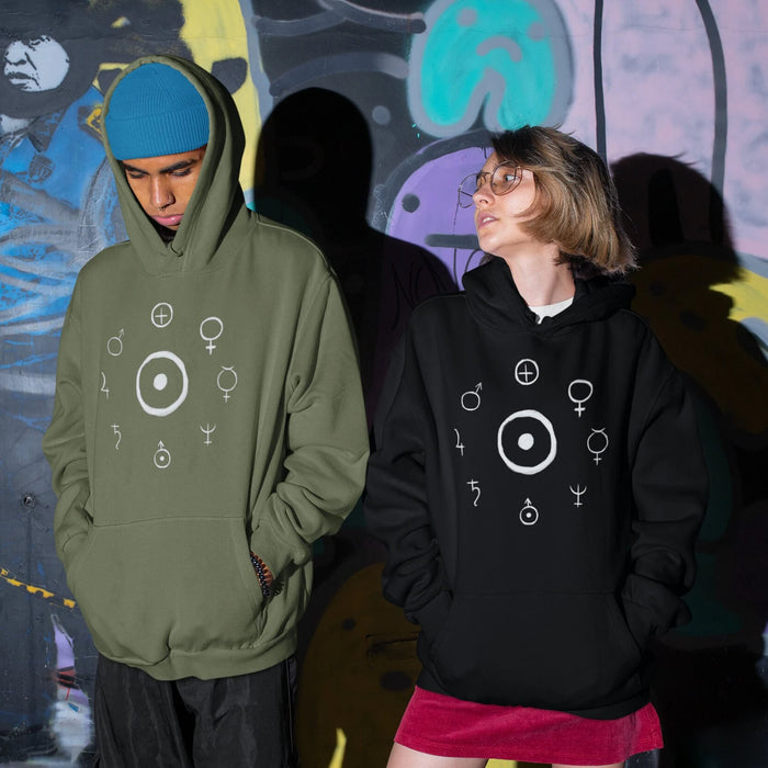 Unisex Heavy Blend™ Hooded Sweatshirt - Celestial Harmony Hoodie: Astronomical Symbols in Cosmic Alchemy