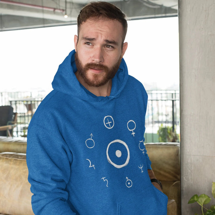 Unisex Heavy Blend™ Hooded Sweatshirt - Celestial Harmony Hoodie: Astronomical Symbols in Cosmic Alchemy