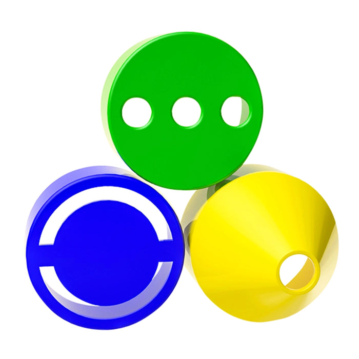 3 extra caps: green with 3 holes, blue with circular block in the middle, and yellow domed cap