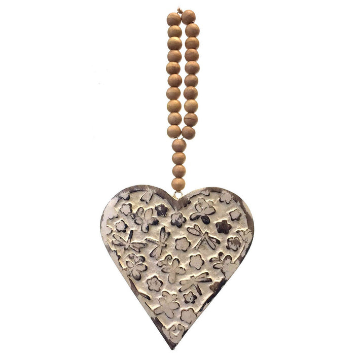 Mango Wood Heart with Beads - Butterflies & Dragonflies