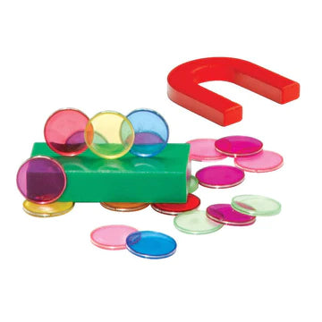 magnetic science kit contents: horseshoe magnet, block magnet, and magnetic bingo chips