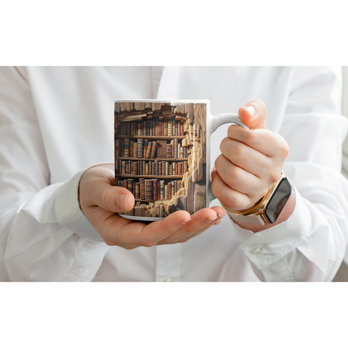 Ceramic Mug 11oz: Premium 3D Cracked Hole Bookshelf Sublimation Design