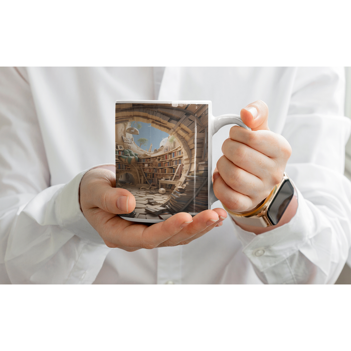 Ceramic Mug 11oz - Sky-Cave Oasis: 3D Bookshelves Sublimation Mug