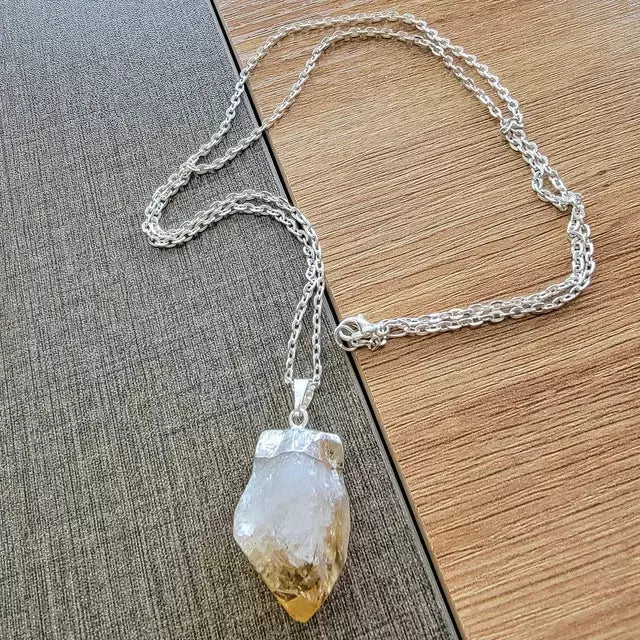 Natural Raw Citrine Crystal Electroplated Necklace - Silver