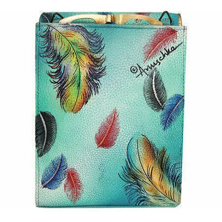 Anuschka Premium Leather Triple Compartment Crossbody Organizer / Purse / Handbag - Floating Feathers